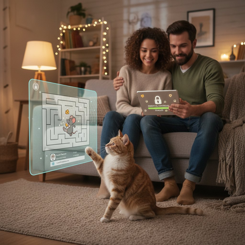 Rodzic konfigurujący kontrolę rodzicielską w grze z kotem, gry mobilne z kotami i bezpieczeństwo dzieci