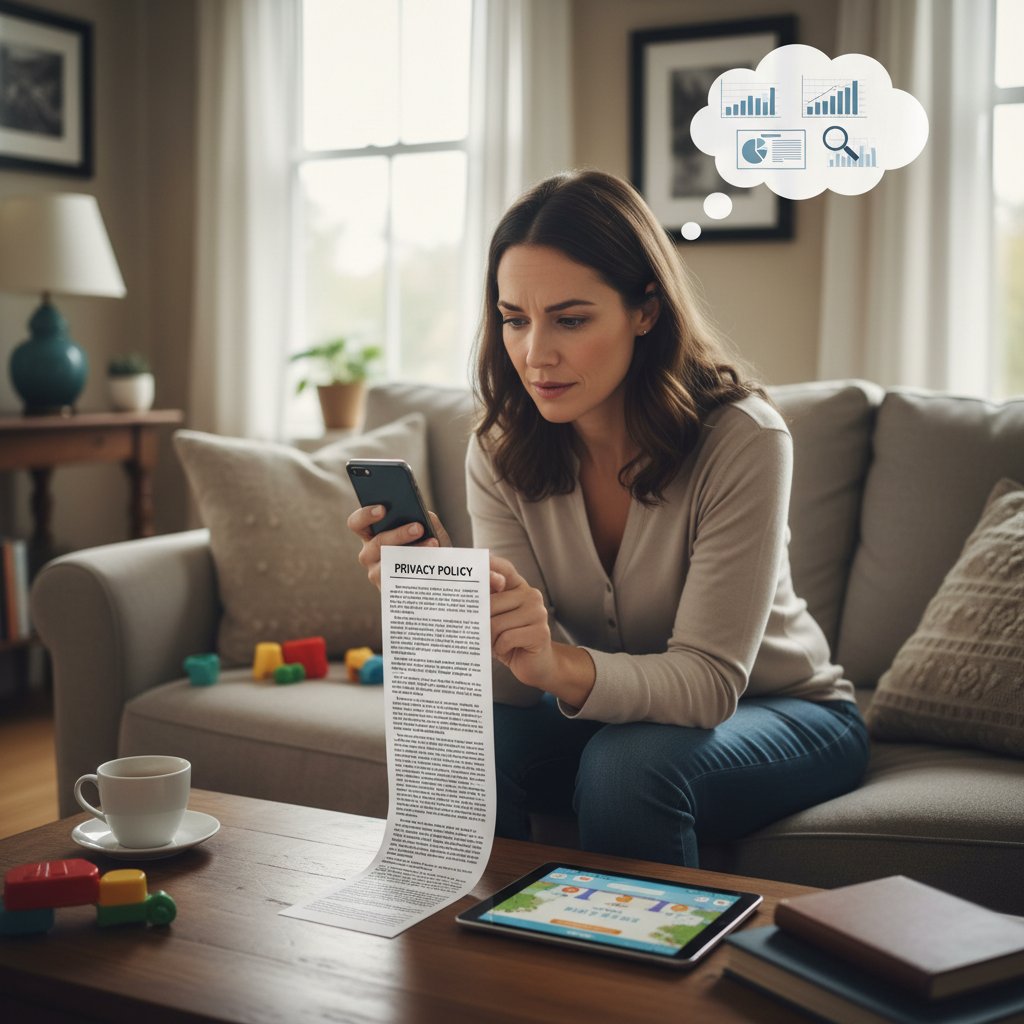 Rodzic analizuje politykę prywatności na ekranie smartfona, atmosfera skupienia, domowe otoczenie
