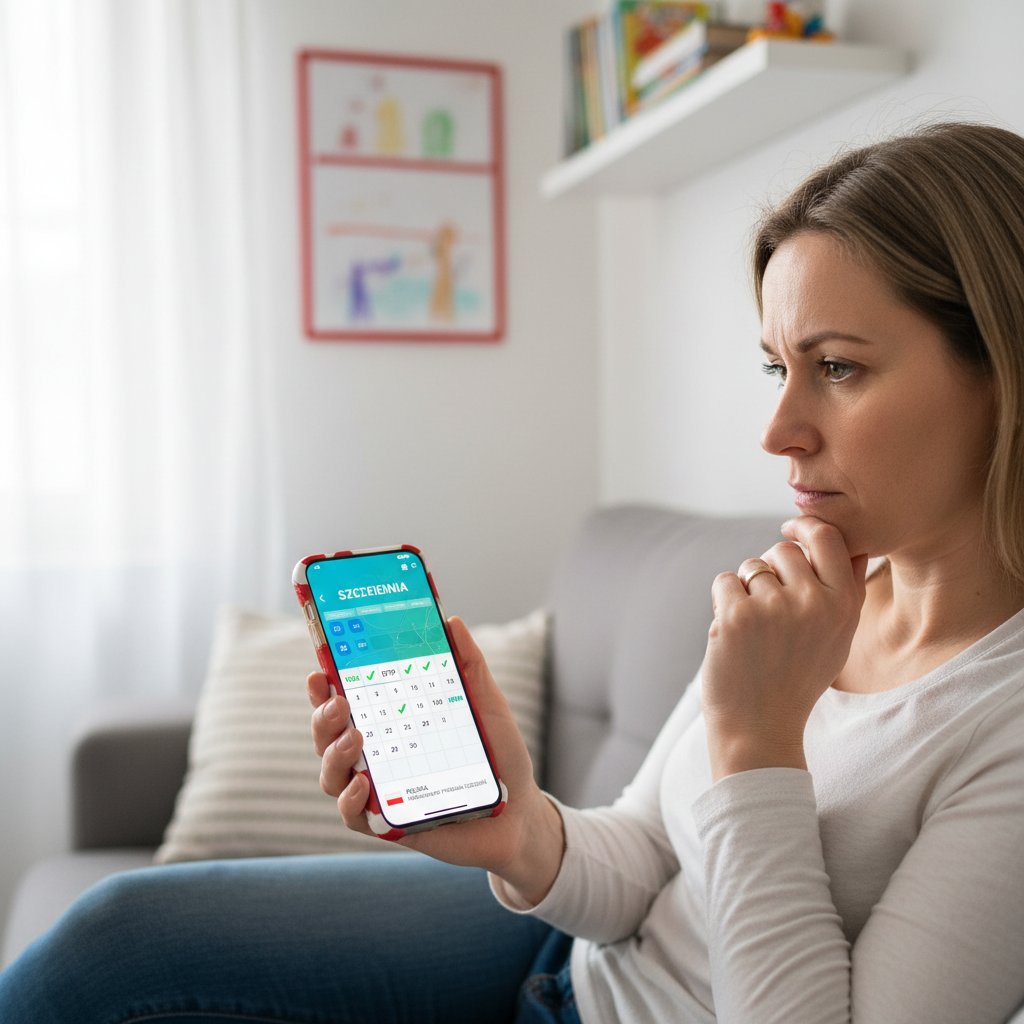 Młody rodzic korzystający ze smartfona, elektroniczny kalendarz szczepień, polskie otoczenie