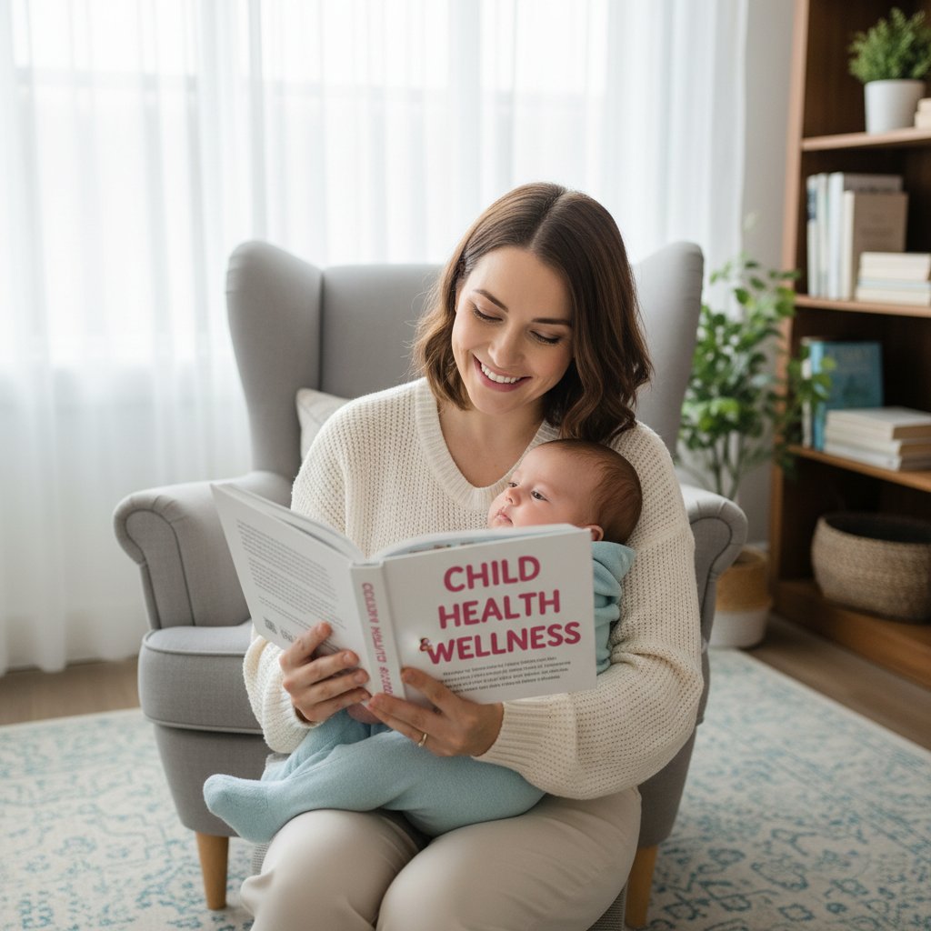 Rodzic z niemowlęciem, uśmiech, książka o zdrowiu dzieci, spokojny pokój