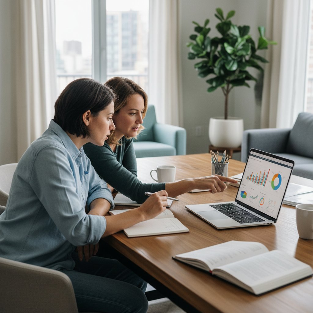 Rodzic i uczeń analizujący wyniki nauki na ekranie laptopa w nowoczesnym mieszkaniu