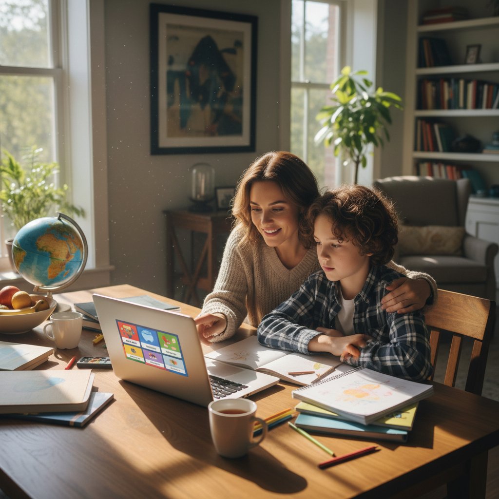 Rodzic i uczeń wspólnie wybierający materiały edukacyjne na laptopie – świadomy wybór