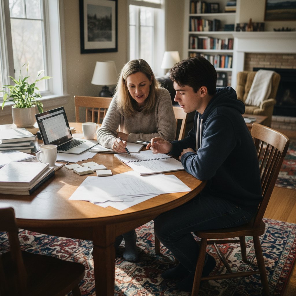 Rodzic i uczeń omawiają plan nauki, kartki z notatkami na stole, domowa atmosfera