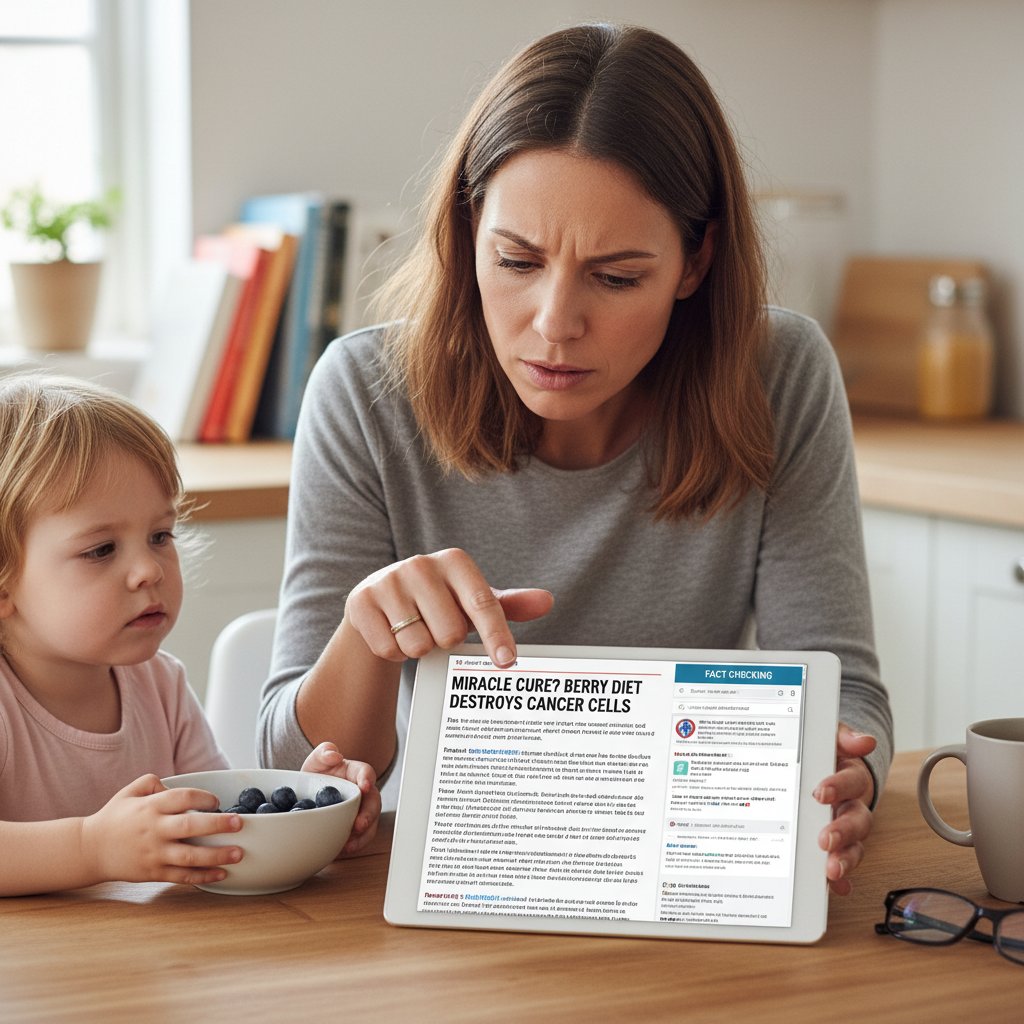 Rodzic czytający artykuł zdrowotny na tablecie, analiza treści, skupienie, poszukiwanie sprawdzonych informacji