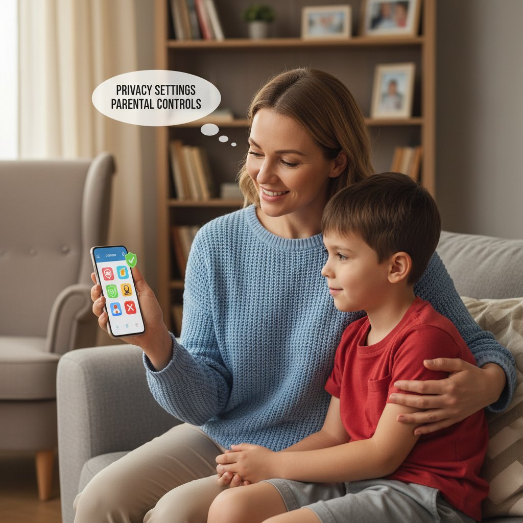 Rodzic uczący dziecko zasad bezpiecznego korzystania z aplikacji na smartfonie