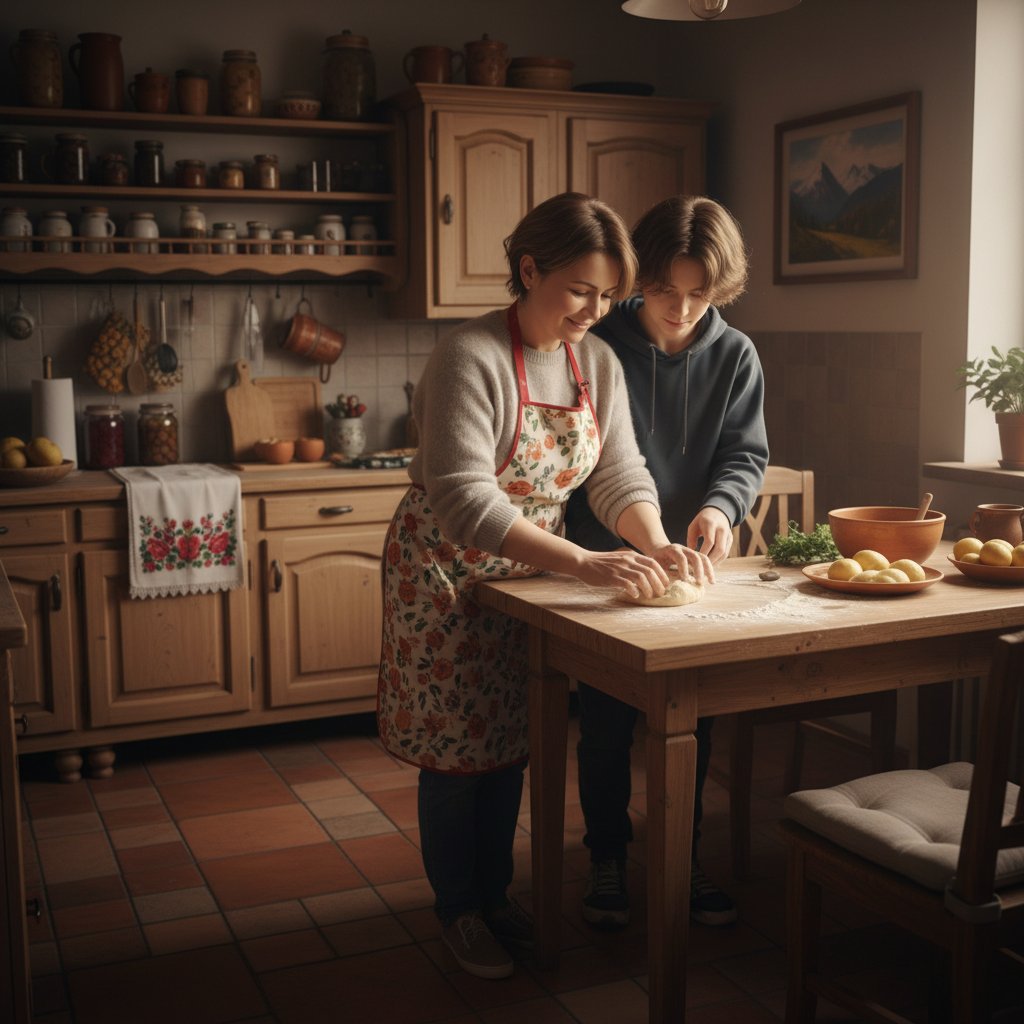 Rodzic i nastolatek gotują razem w kuchni, swobodna atmosfera, delikatna rozmowa, polskie wnętrze
