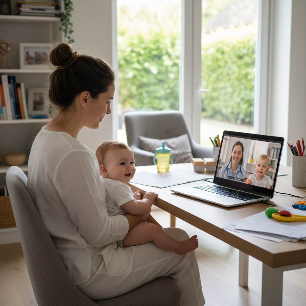 Rodzic korzystający z teleporady, dziecko w tle, komputer