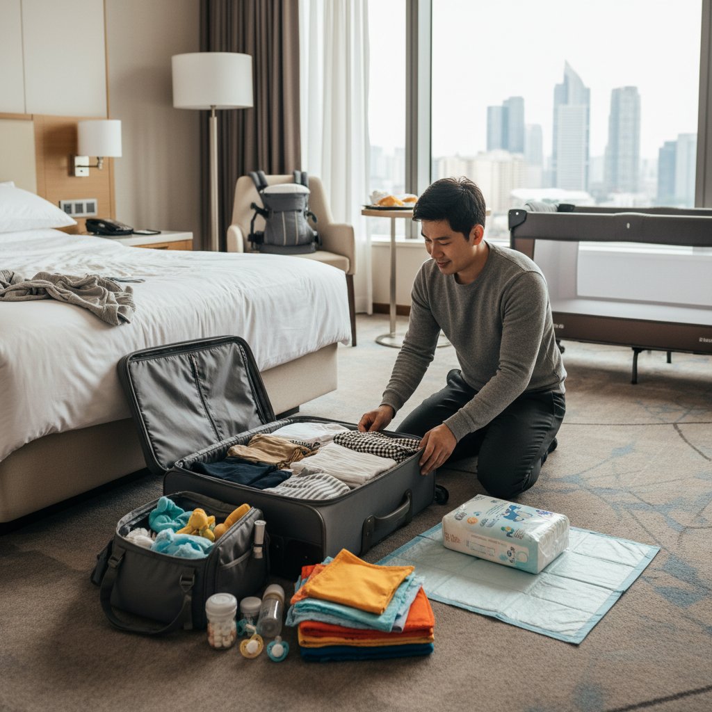 Torba podróżna z akcesoriami niezbędnymi dla dziecka, rodzic sprawdza listę rzeczy przed wejściem do hotelu