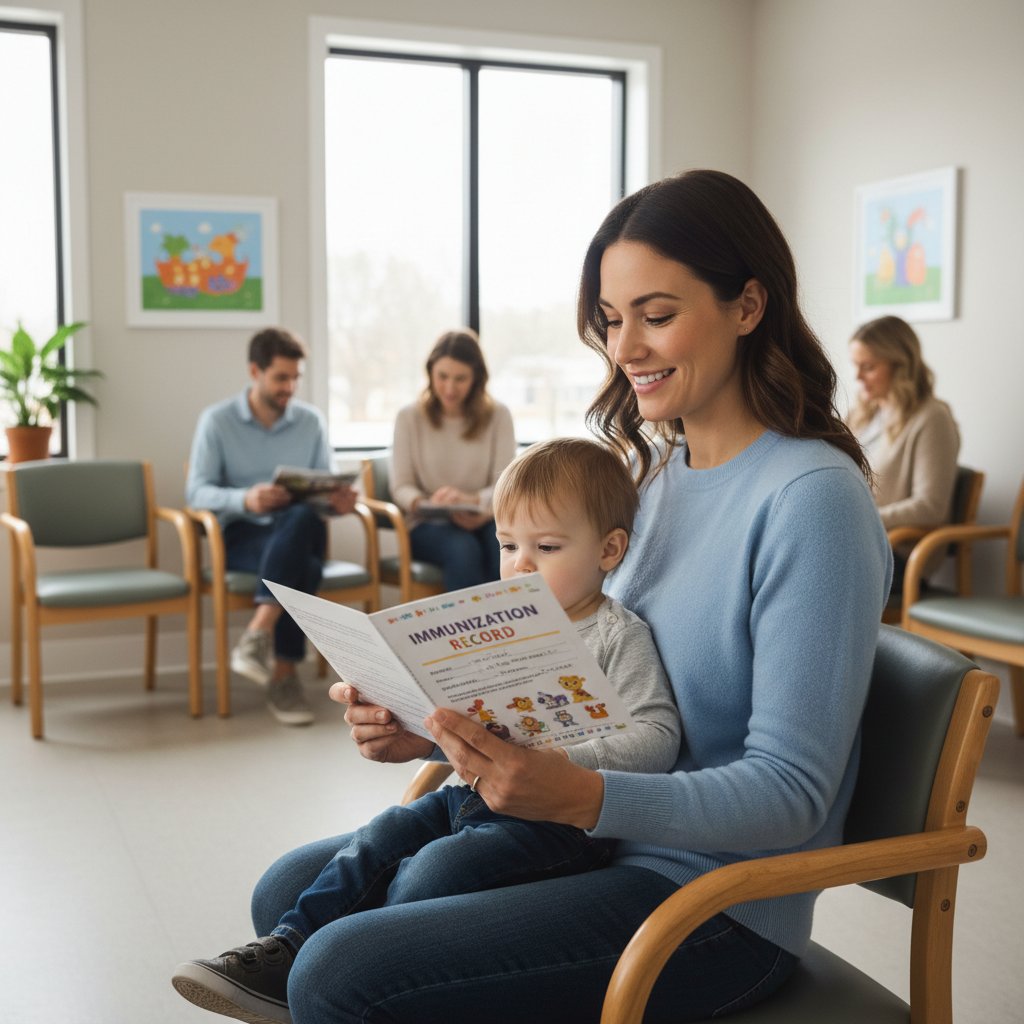 Rodzic nadrabiający zaległe szczepienia dziecka – zdjęcie w poczekalni u lekarza, książeczka szczepień