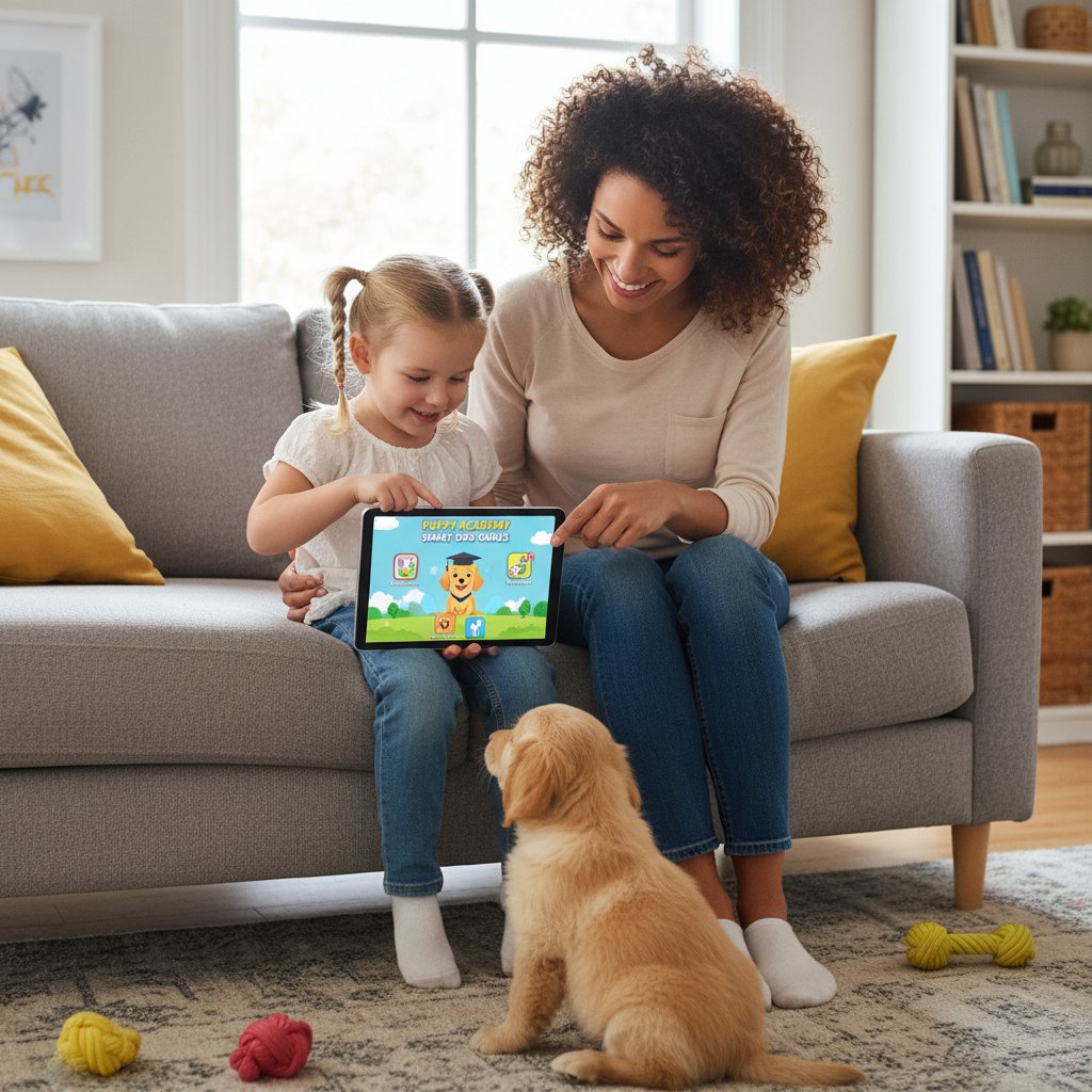 Rodzic i dziecko wybierający na tablecie najlepszą grę edukacyjną z psem online
