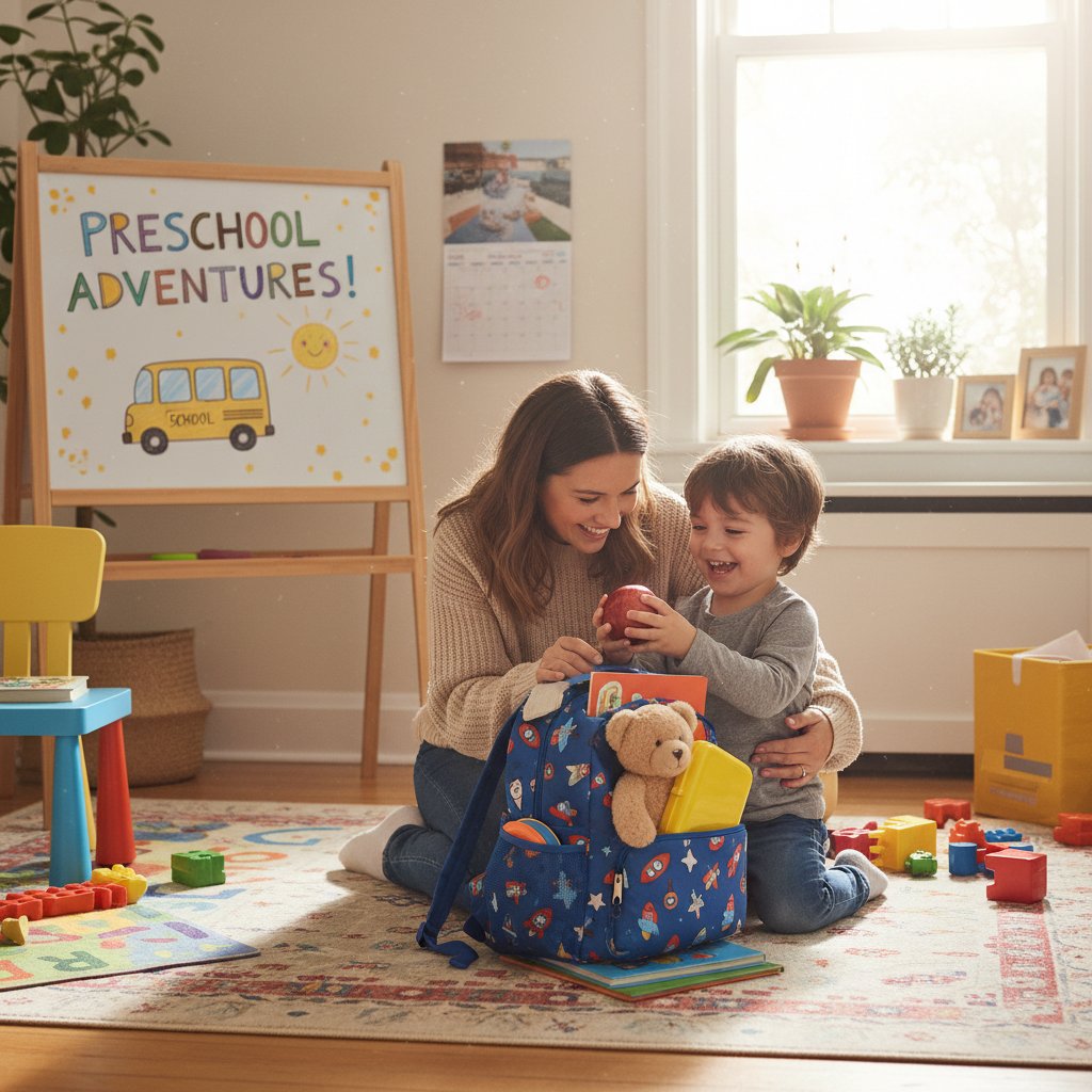 Rodzic i dziecko pakują razem plecak do przedszkola, domowa scena, radosna atmosfera