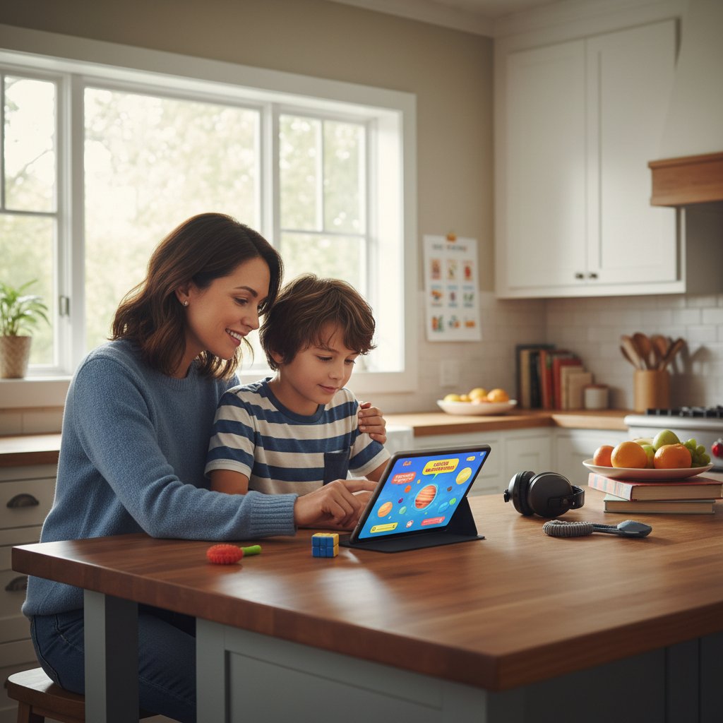 Eltern und Kind nutzen gemeinsam digitale ADHS-Unterstützung am Tablet in heller Küche