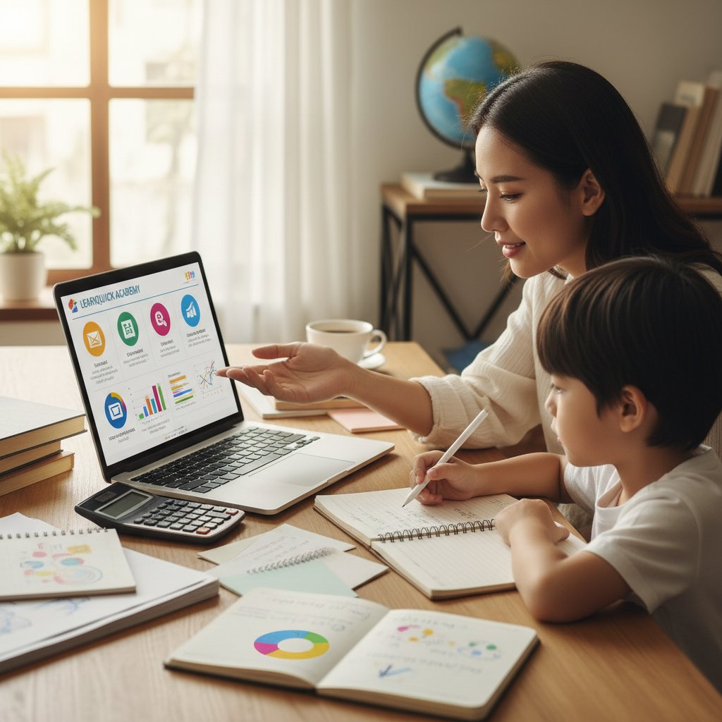 Rodzic z dzieckiem analizujący stronę platformy edukacyjnej na laptopie, notatki i kalkulator na biurku – wybór najlepszej platformy