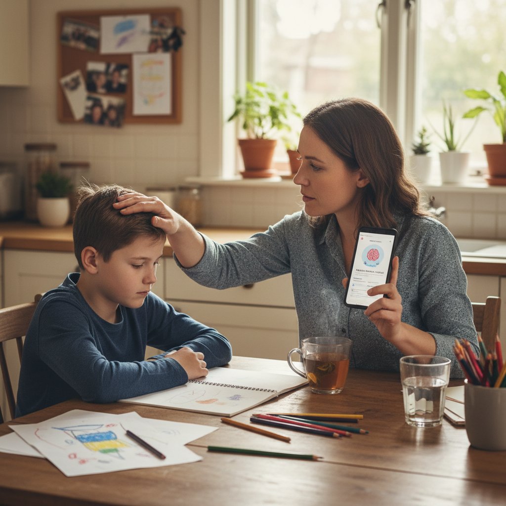 Rodzic przeglądający checklistę objawów zaburzeń u dzieci przy stole kuchennym, zaburzenia u dzieci