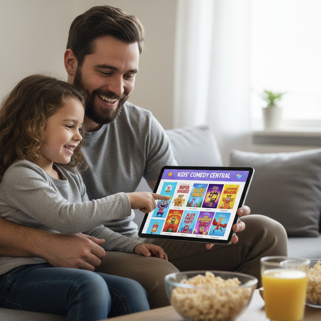 Parent and child choosing a kids’ comedy film on a digital screen, reflecting the modern family’s approach to movie kids comedy cinema