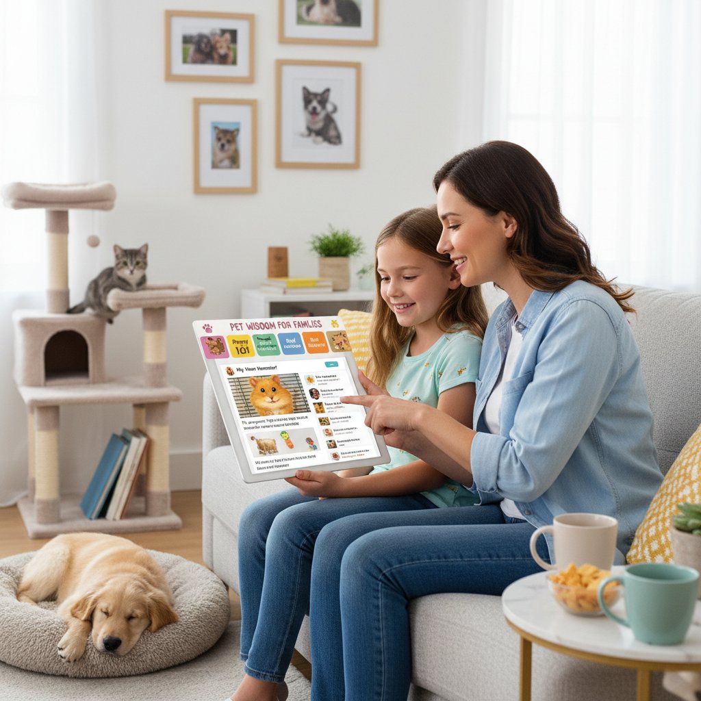 Rodzic z dzieckiem korzystający z forum internetowego o edukacyjnych grach o zwierzętach domowych