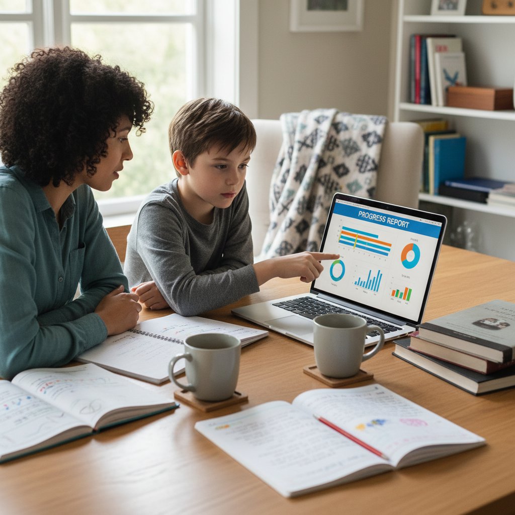 Rodzic i dziecko analizują raport postępów na ekranie laptopa, w tle notatki szkolne i kubek z herbatą