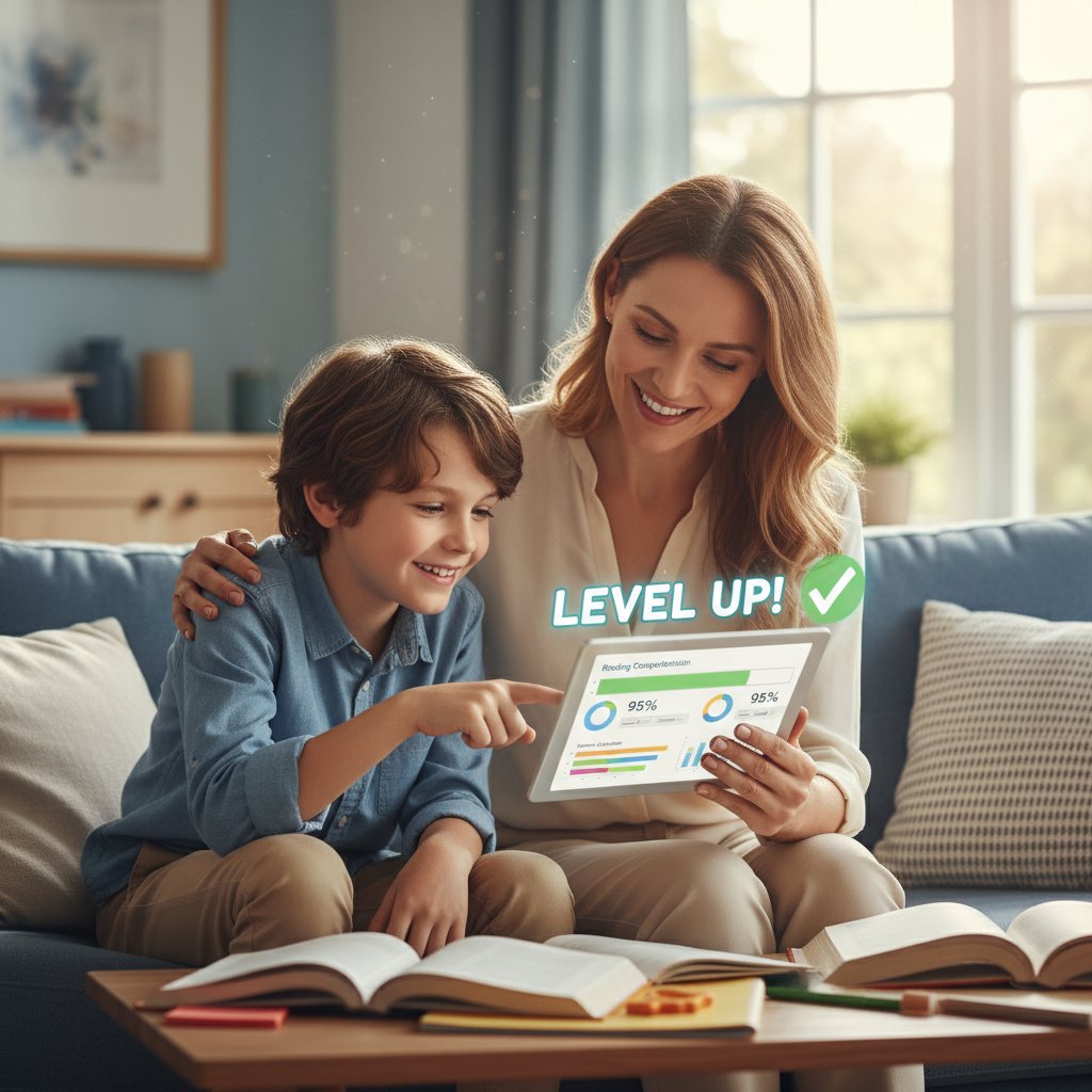 Rodzic i dziecko wspólnie monitorują postępy nauki na tablecie, radość z sukcesów
