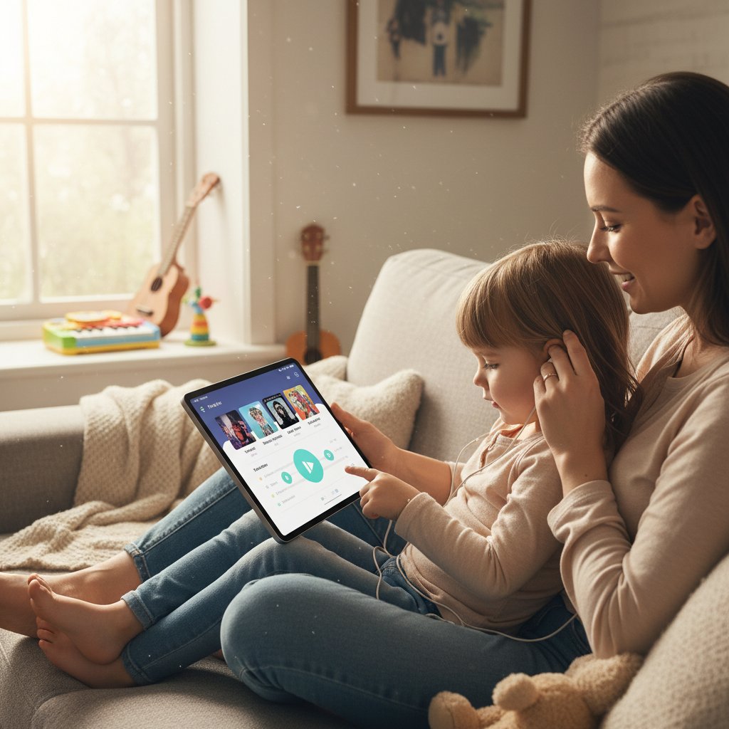 Rodzic i dziecko uczestniczący w lekcji rytmiki online przy laptopie, kolorowe aplikacje muzyczne na ekranie