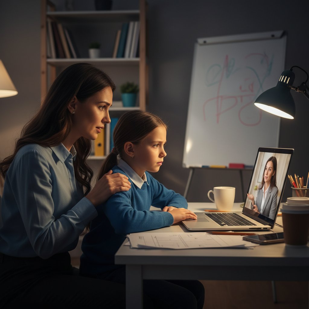 Rodzic i dziecko podczas wywiadu online z korepetytorem, napięcie i niepewność w spojrzeniach – rodzicielskie pułapki w korepetycjach online