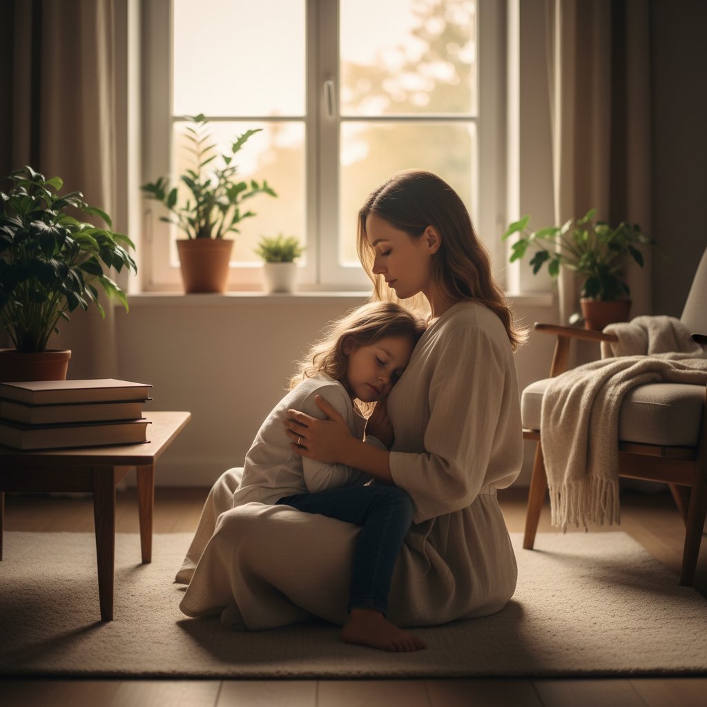 Pierwszy krok do mindful parenting: rodzic i dziecko w ciszy, domowy wieczór