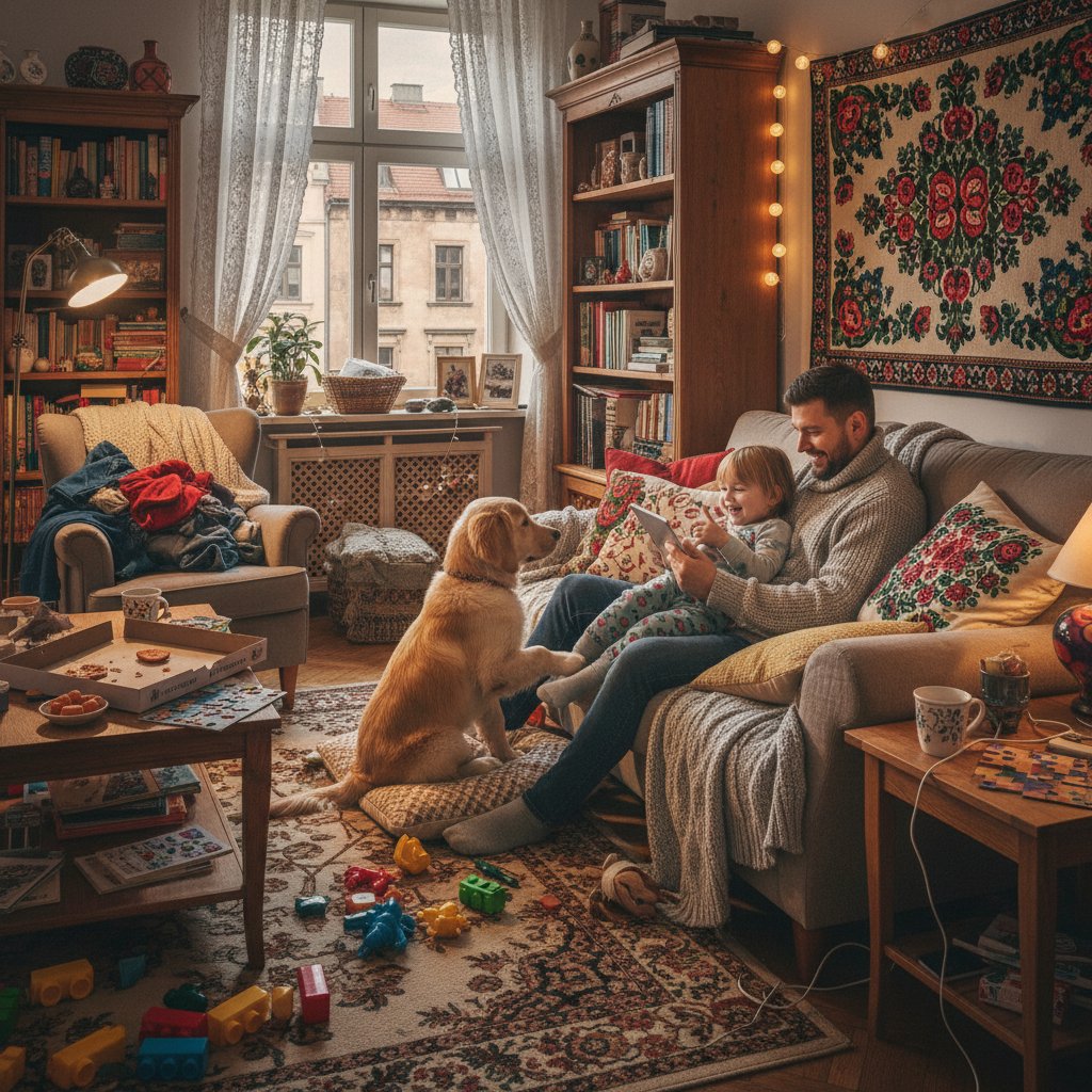 Rodzic i dziecko na kanapie, szczeniak na ekranie tabletu, codzienność w polskim mieszkaniu