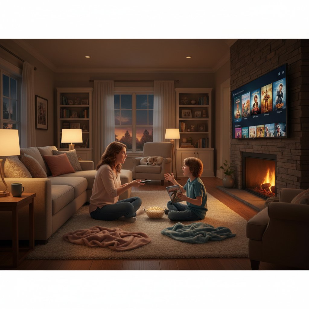 Parent and child having a playful debate over movie pick, cozy living room, warm lighting, authentic emotion