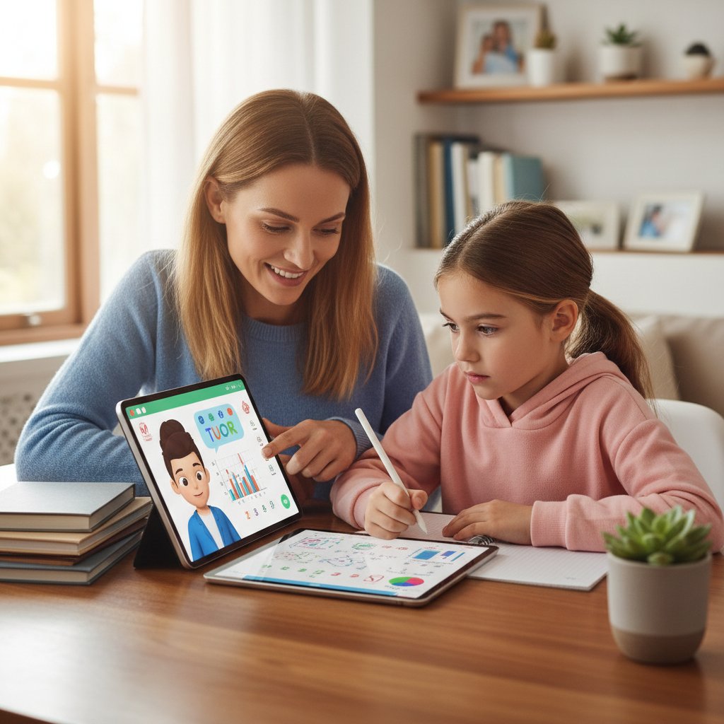 Rodzic i uczeń wspólnie analizują wyniki nauki z korepetycji online, domowe biurko, atmosfera współpracy