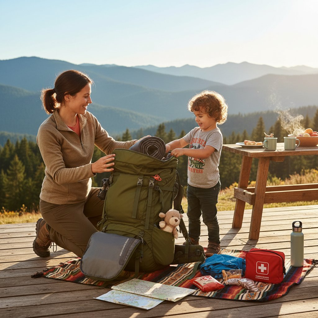Rodzic i dziecko wspólnie pakują plecak na wycieczkę