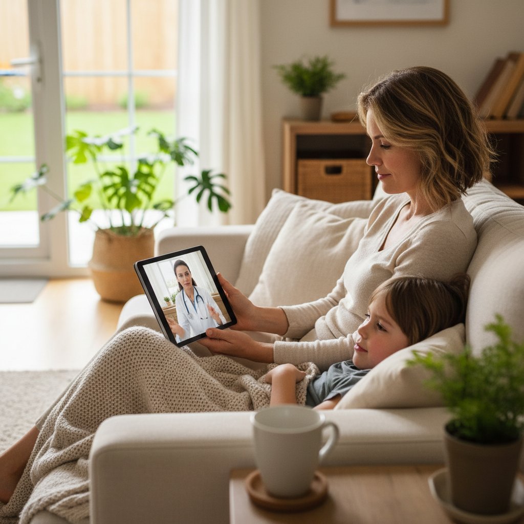 Rodzic konsultujący objawy dziecka online, spokojna atmosfera domowa