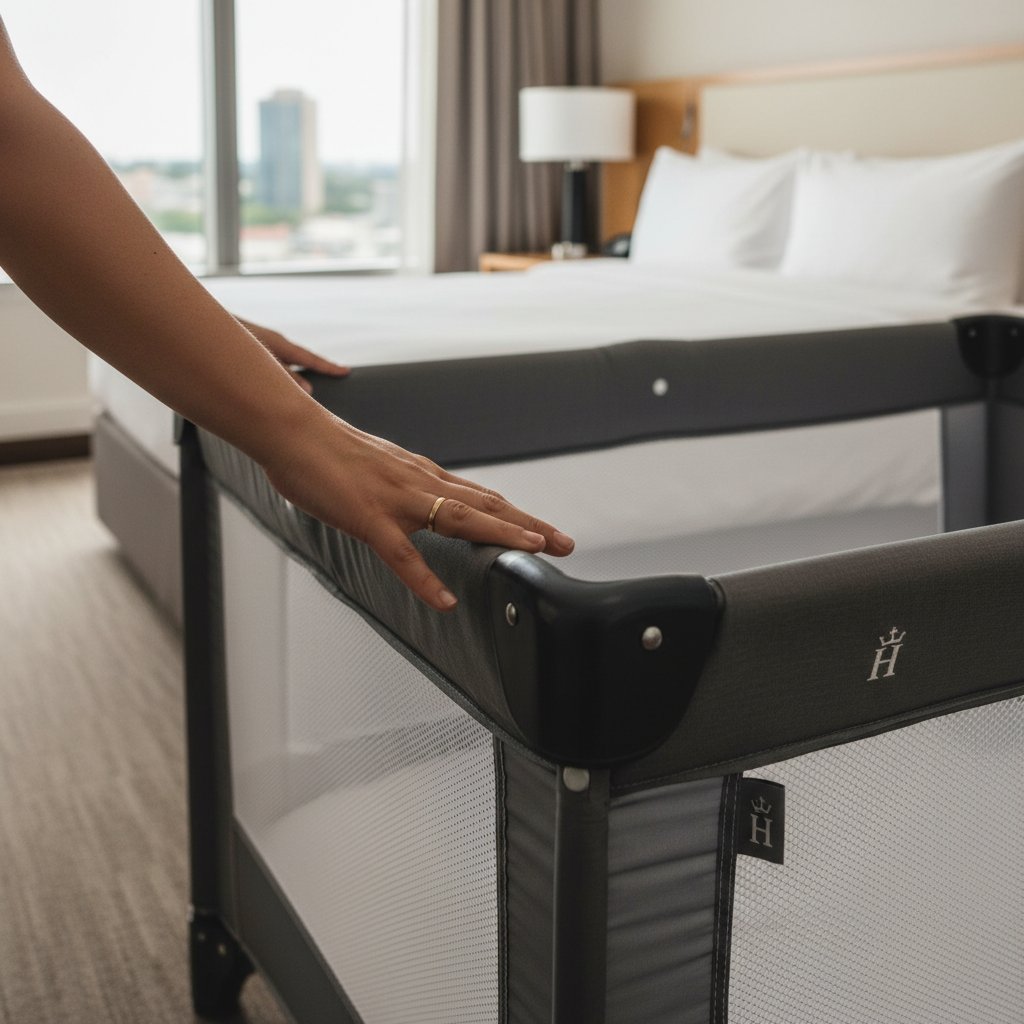 Zbliżenie na ręce rodzica sprawdzającego szczebelki i materac łóżeczka w hotelowym pokoju