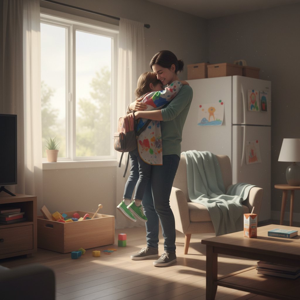 Rodzic obejmujący dziecko z troską po powrocie z przedszkola, domowy spokój