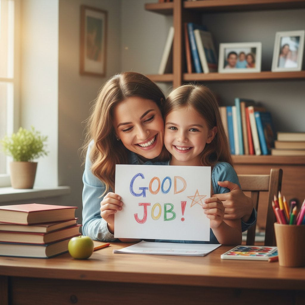 Rodzic przytulający dziecko z uśmiechem, na biurku kolorowa kartka z napisem „Dobra robota!”