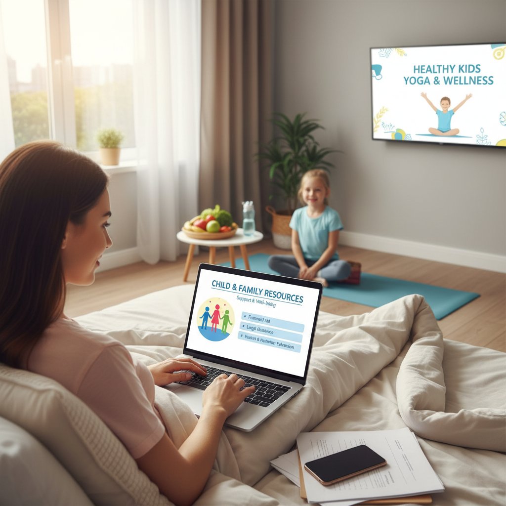 Rodzic korzystający z laptopa przy łóżku dziecka, spokojna atmosfera, wsparcie online, edukacja zdrowotna