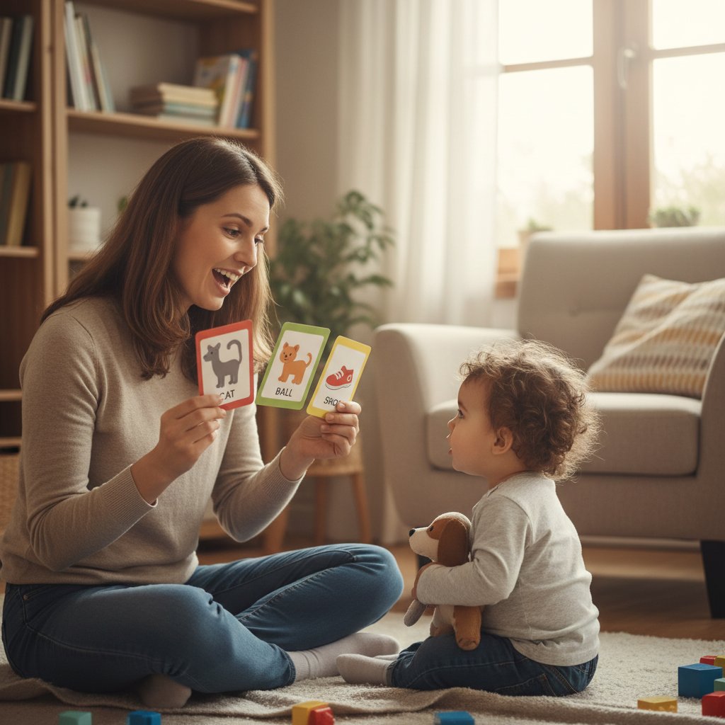 Rodzic ćwiczy mowę z małym dzieckiem przy stole w domu