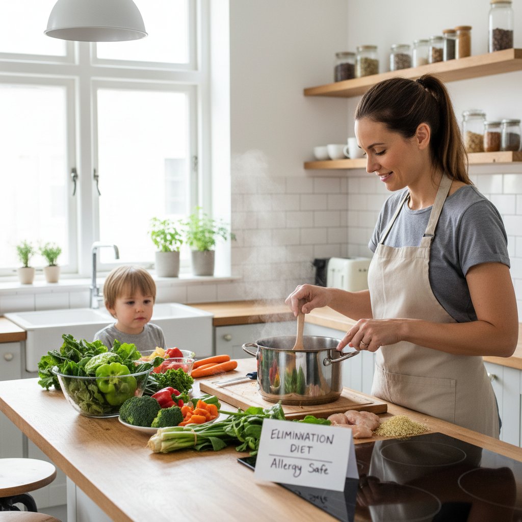 Rodzic przygotowujący posiłek dla dziecka z alergią – świeże warzywa, produkty bez alergenów, kuchnia domowa, dieta eliminacyjna