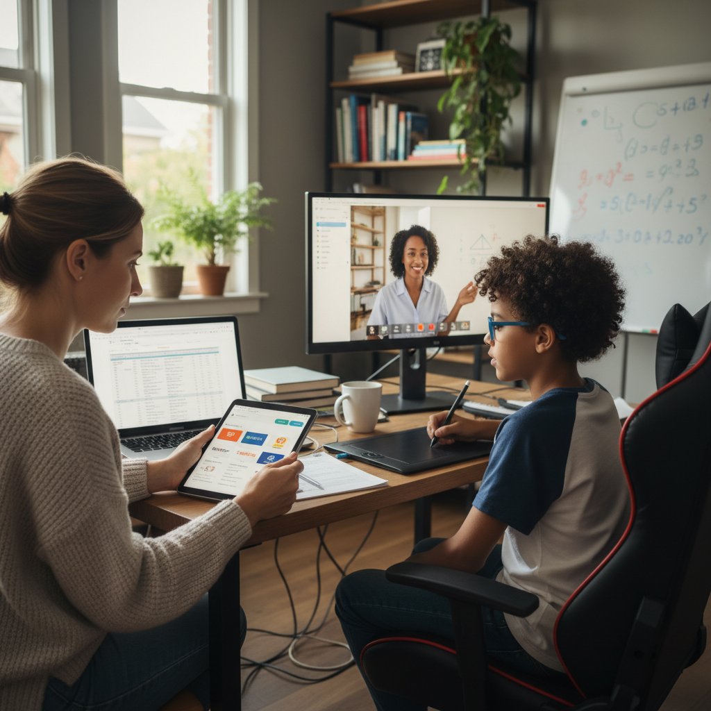 Rodzic analizuje różne aplikacje do korepetycji online, a uczeń zadowolony z indywidualnej lekcji – media online korepetycje Polska