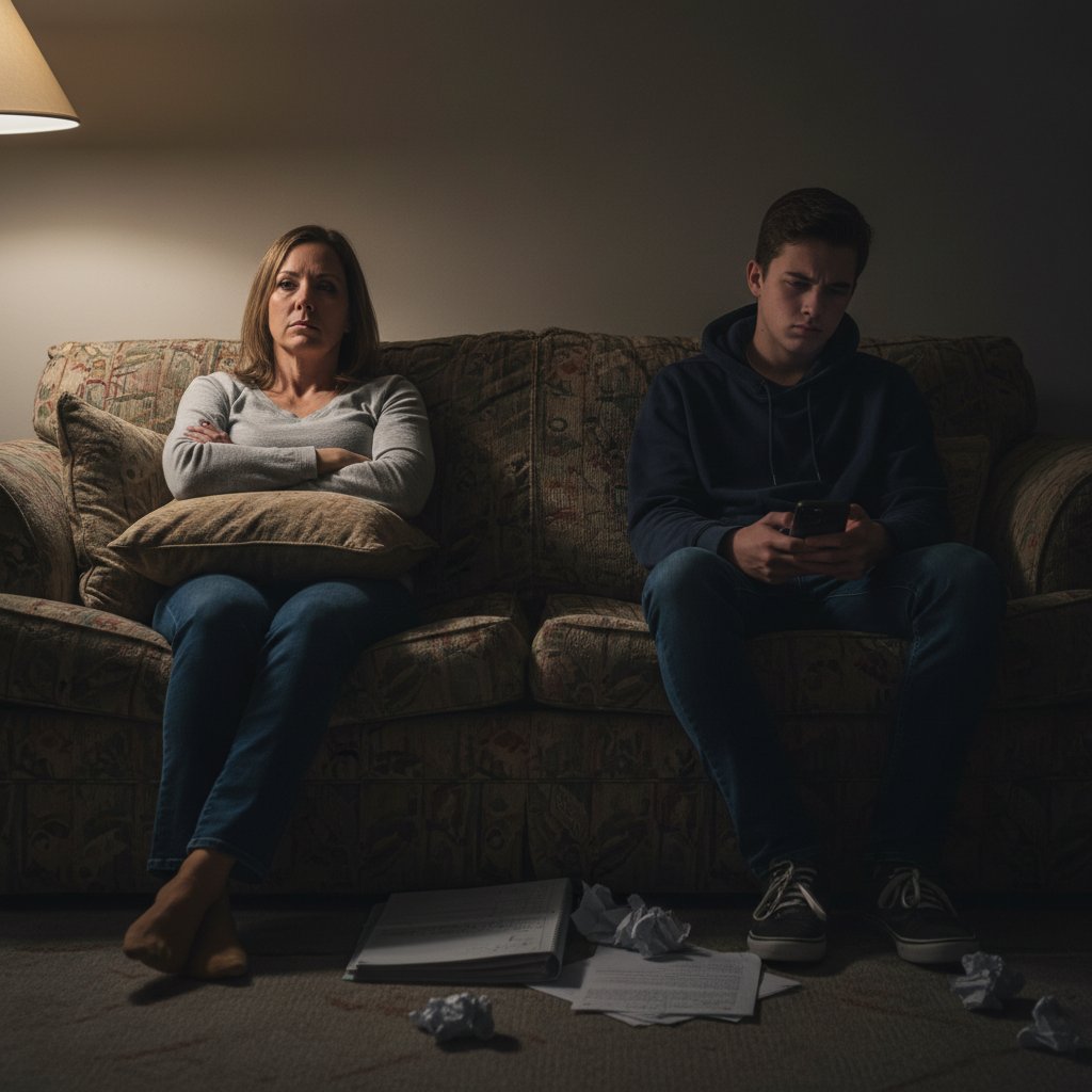 Rodzic i nastolatek rozmawiający na kanapie o edukacji seksualnej, bez tabu