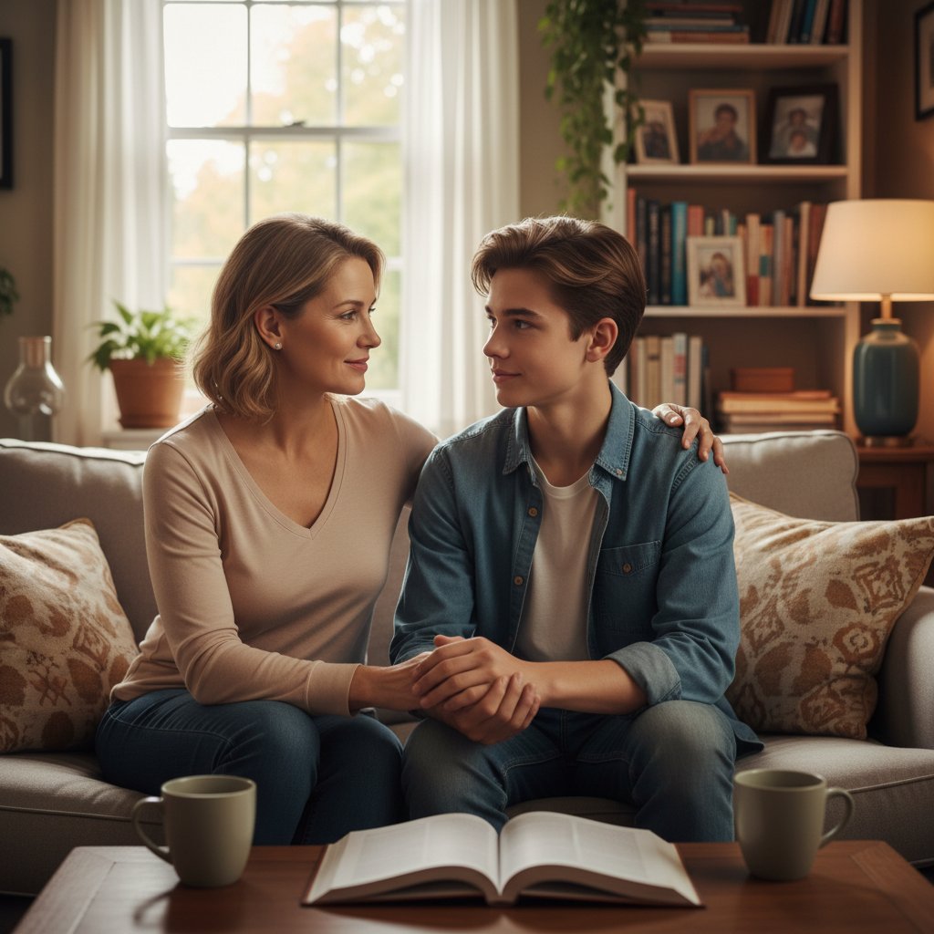 Rodzic rozmawiający z nastolatkiem w domowym otoczeniu, atmosfera zrozumienia i wsparcia