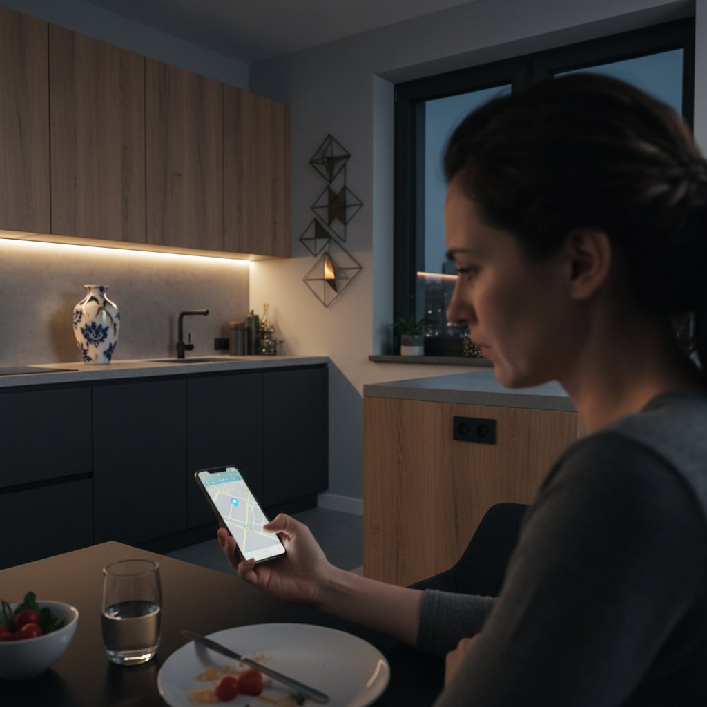 Rodzic sprawdzający lokalizację dziecka na telefonie, kuchnia, nowoczesne polskie wnętrze, ilustruje cyfrową kontrolę