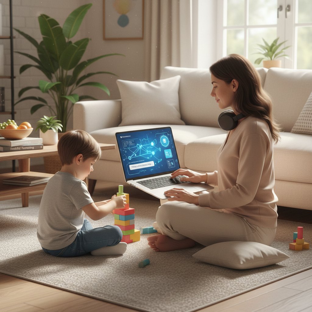 Rodzic korzystający z AI na laptopie, mindful parenting w nowoczesnym wydaniu