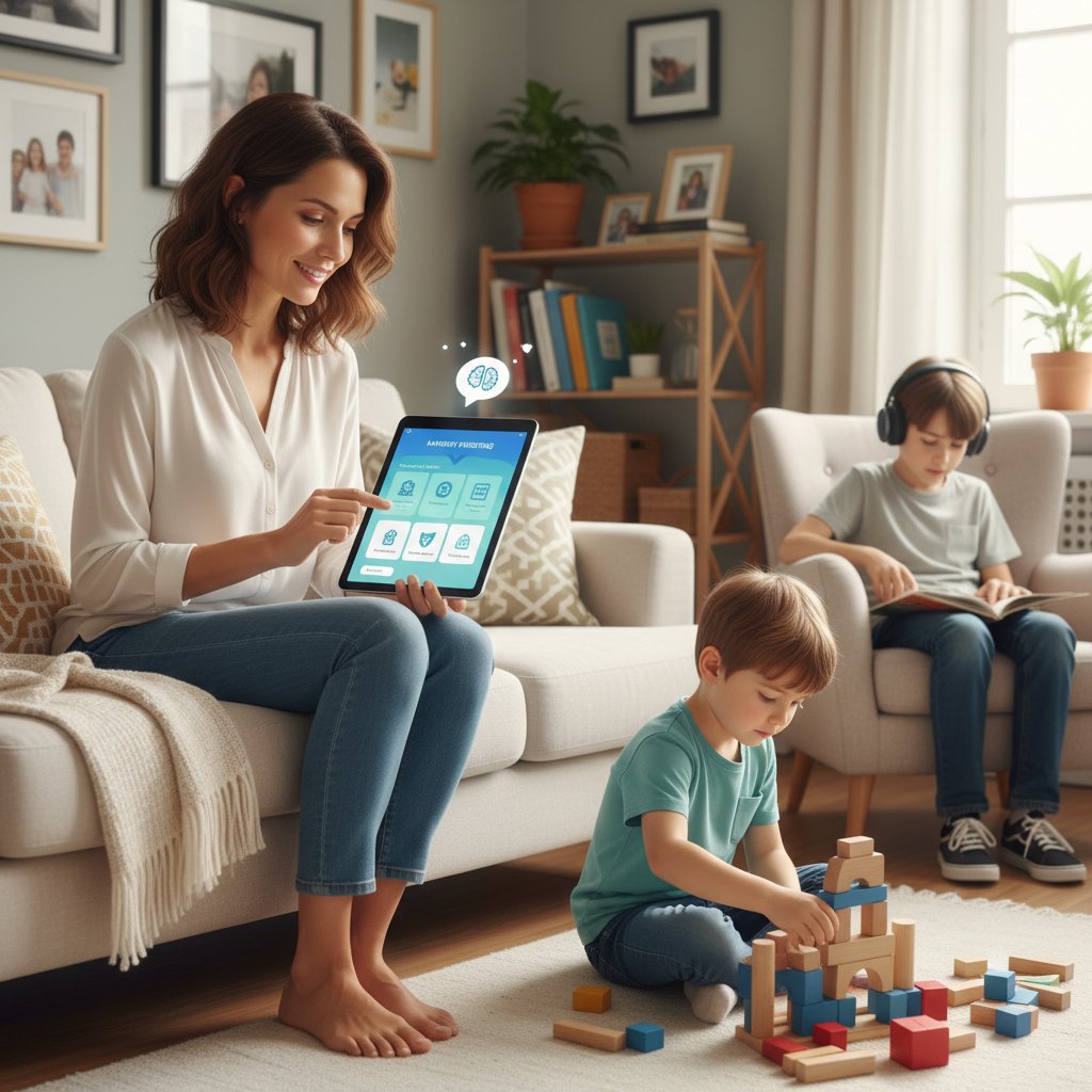 Rodzic korzystający z aplikacji psychologicznej na smartfonie w domu, atmosfera wsparcia