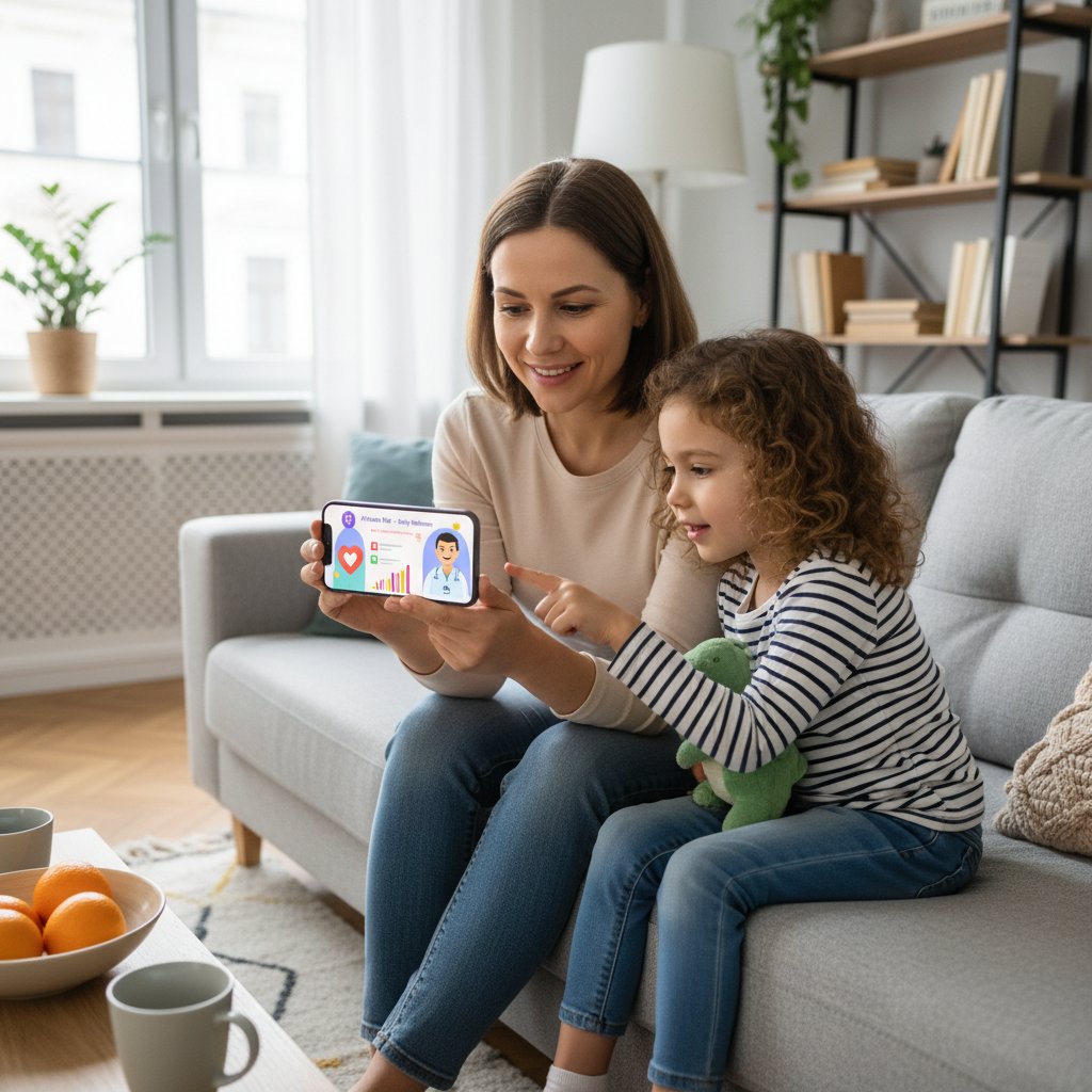 Rodzic korzystający z aplikacji medyk.ai z dzieckiem, domowy klimat