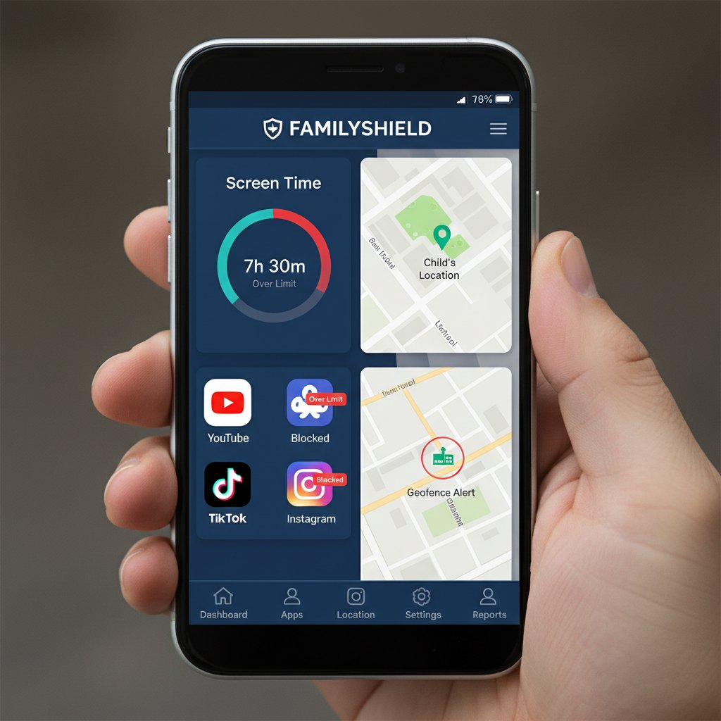 Interfejs aplikacji kontroli rodzicielskiej na smartfonie z wyraźnym panelem zarządzania bezpieczeństwem dzieci