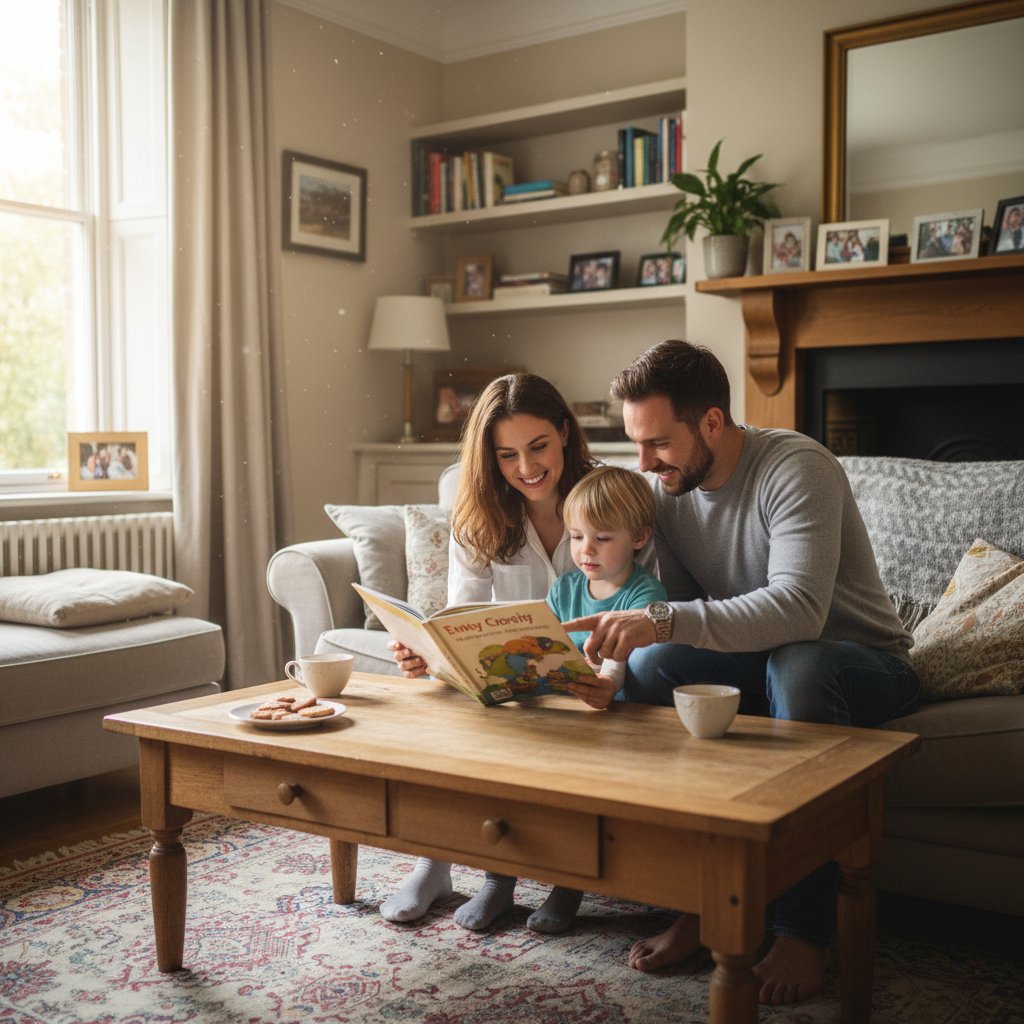 Rodzice i dziecko wspólnie czytają książkę po angielsku przy stole w salonie