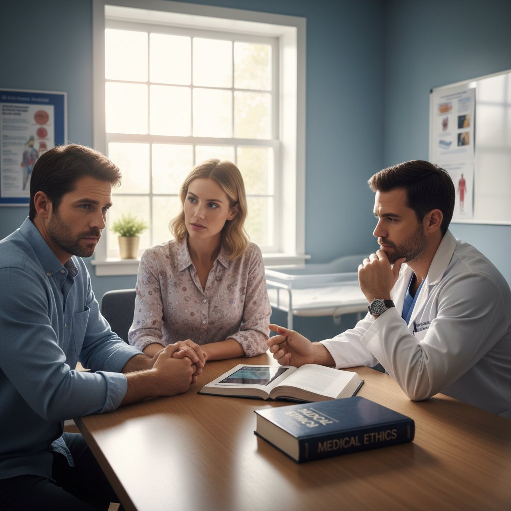 Dyskusja rodziców i lekarzy na temat badań przesiewowych, widoczne emocje i podzielone opinie