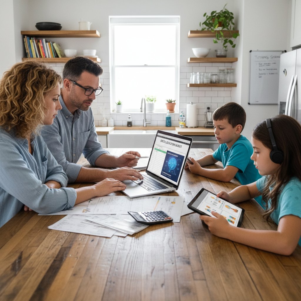 Eltern sitzen nachdenklich am Küchentisch, rechnen Nachhilfekosten mit Laptop und Notizblock