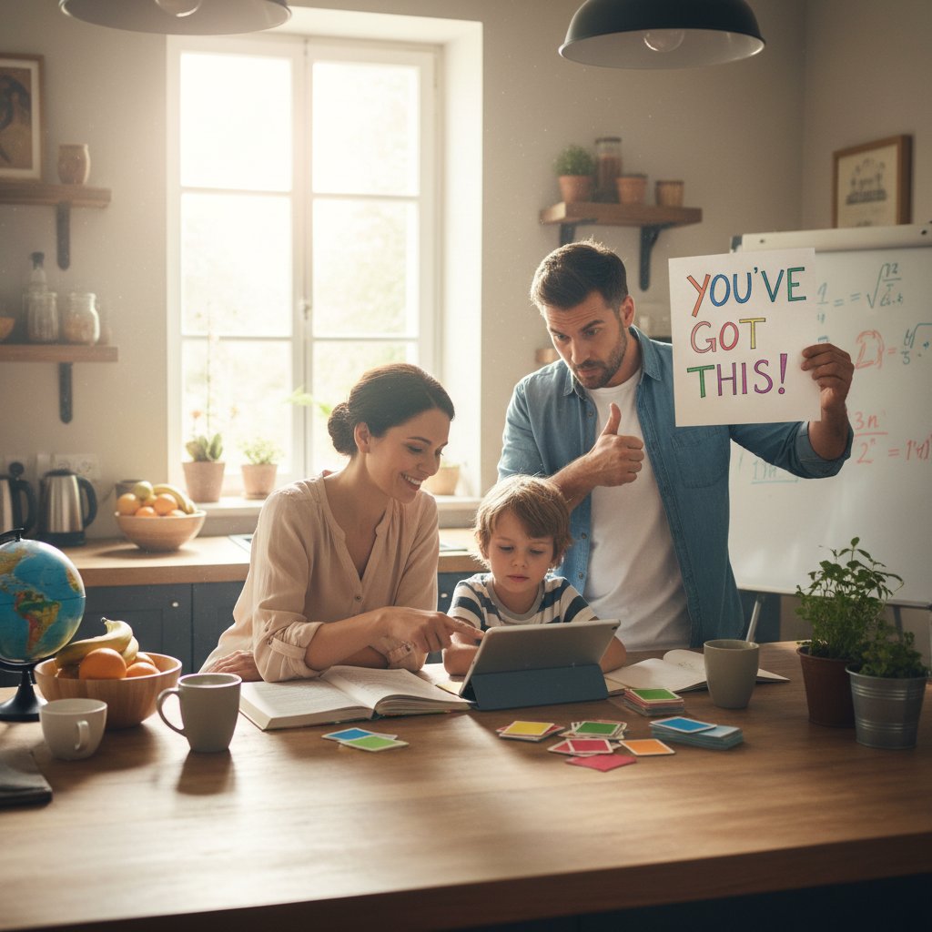 Eltern unterstützen Kind beim Lernen am Küchentisch