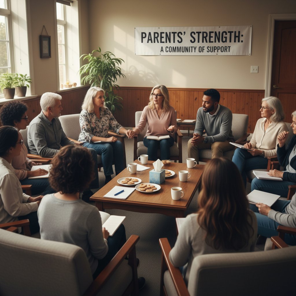 Grupa rodziców na spotkaniu wsparcia, wymiana doświadczeń i informacji, przyjazna atmosfera