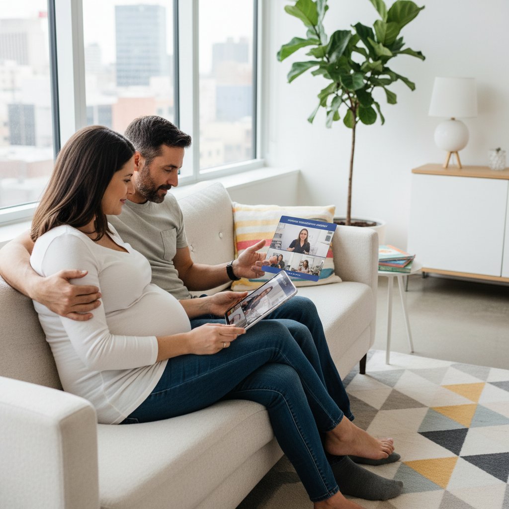 Grupa rodziców korzystająca z tabletu podczas zajęć hybrydowych, nowoczesna sala